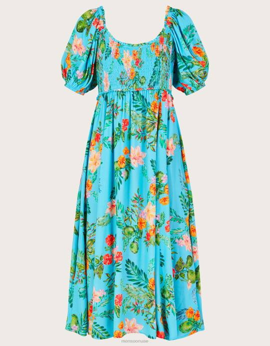 Monsoon نحيف فستان ليميلا مزين بطبعات الأزهار من الفيسكوز المستدام D68H478 ملابس أزرق