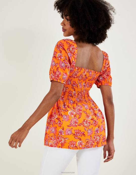 Monsoon نحيف بلوزة صدرية بطبعات زهور من القطن المستدام D68H480 ملابس البرتقالي