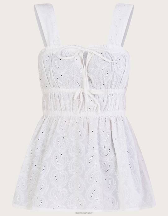 Monsoon نحيف بلوزة كامي بحزام عريض وتطريز D68H482 ملابس أبيض