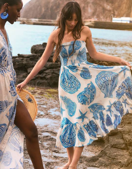 Monsoon نحيف فستان باندو متوسط ​​الطول بطبعة صدفة D68H483 ملابس عاج