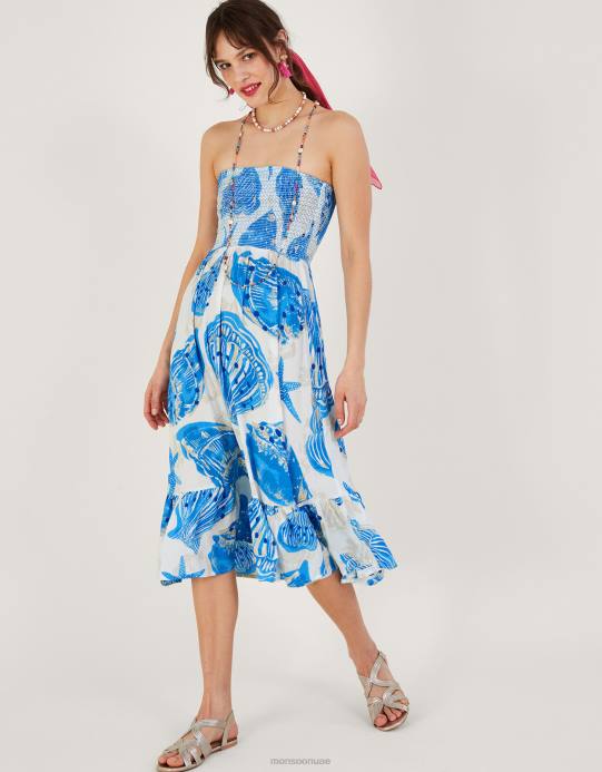 Monsoon نحيف فستان باندو متوسط ​​الطول بطبعة صدفة D68H483 ملابس عاج