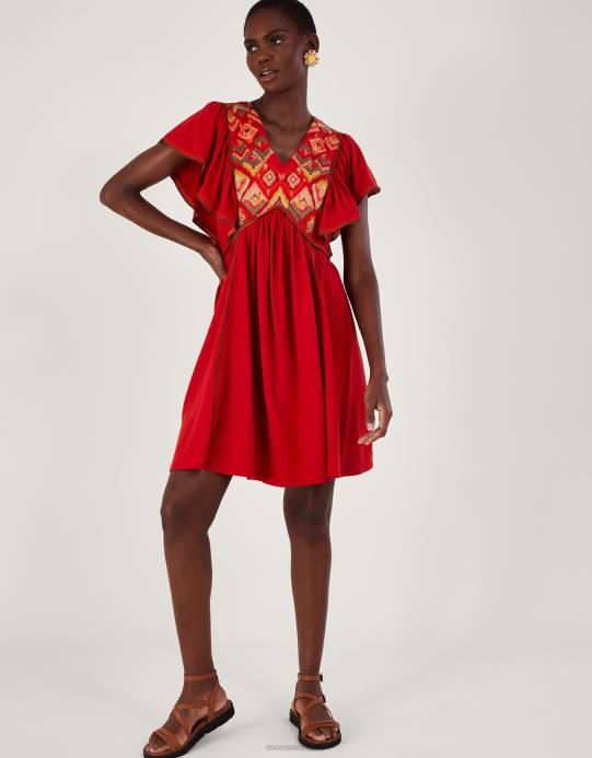 Monsoon نحيف فستان جيرسي بأكمام كشكش مطرز D68H485 ملابس أحمر