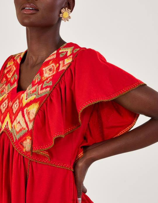 Monsoon نحيف فستان جيرسي بأكمام كشكش مطرز D68H485 ملابس أحمر