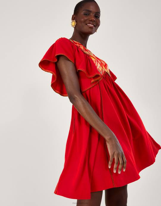 Monsoon نحيف فستان جيرسي بأكمام كشكش مطرز D68H485 ملابس أحمر