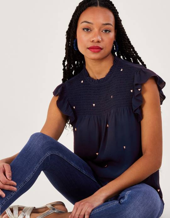 Monsoon نحيف بلوزة دارلا مطرزة من الفيسكوز المستدام D68H487 ملابس الأزرق الداكن)