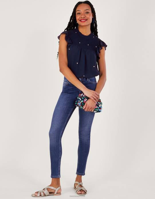 Monsoon نحيف بلوزة دارلا مطرزة من الفيسكوز المستدام D68H487 ملابس الأزرق الداكن)