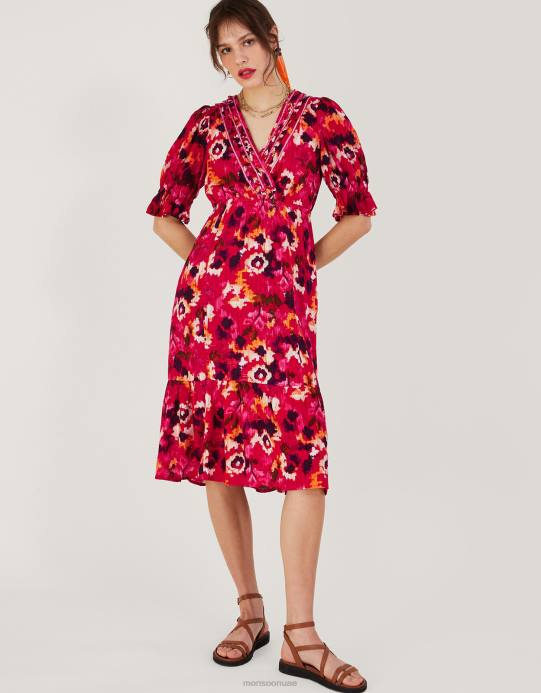Monsoon نحيف فستان متوسط ​​الطول بطبعة عنق مضفر من لينزينغ إيكوفيرو D68H490 ملابس أحمر