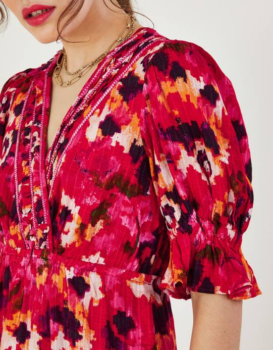 Monsoon نحيف فستان متوسط ​​الطول بطبعة عنق مضفر من لينزينغ إيكوفيرو D68H490 ملابس أحمر