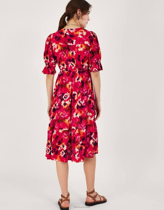 Monsoon نحيف فستان متوسط ​​الطول بطبعة عنق مضفر من لينزينغ إيكوفيرو D68H490 ملابس أحمر