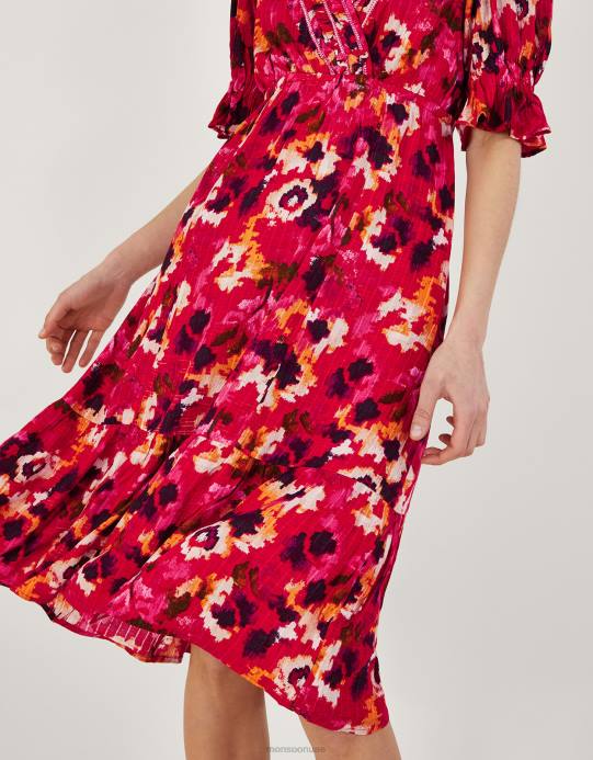 Monsoon نحيف فستان متوسط ​​الطول بطبعة عنق مضفر من لينزينغ إيكوفيرو D68H490 ملابس أحمر