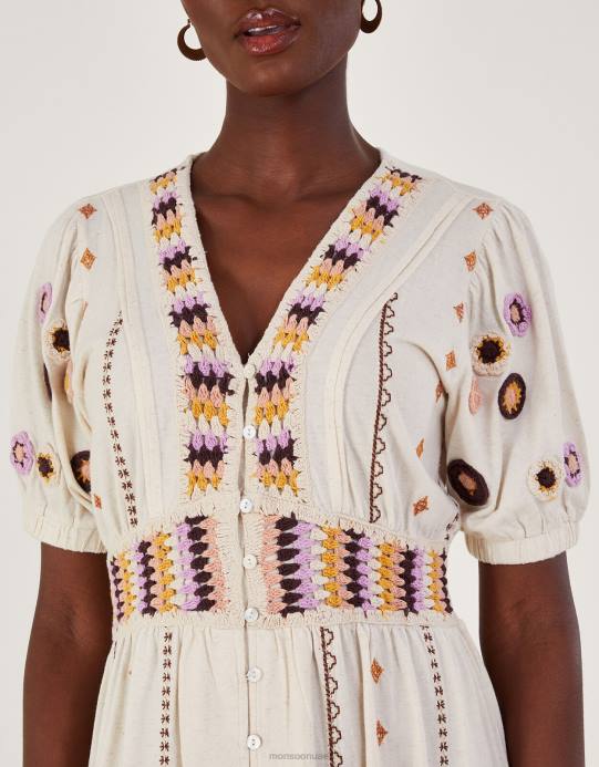 Monsoon نحيف فستان ميدي بأطراف كروشيه من مزيج الكتان D68H494 ملابس طبيعي