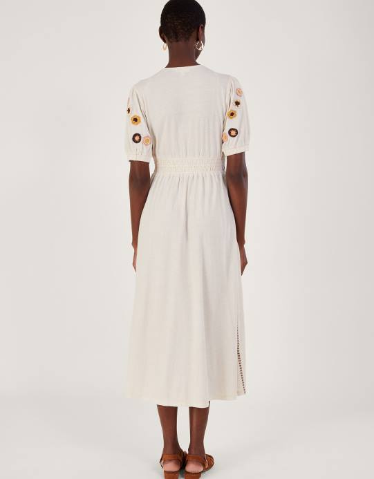 Monsoon نحيف فستان ميدي بأطراف كروشيه من مزيج الكتان D68H494 ملابس طبيعي