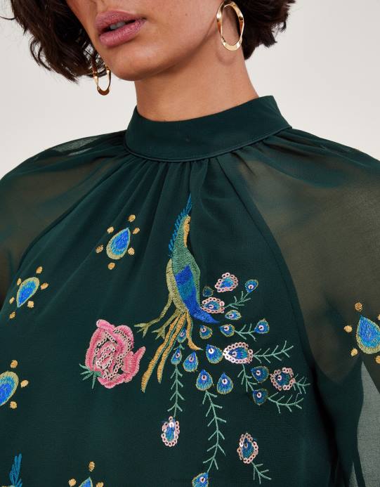 Monsoon نحيف بلوزة بيرلا الطاووس مزينة D68H4 ملابس الأخضر (الأخضر الداكن)