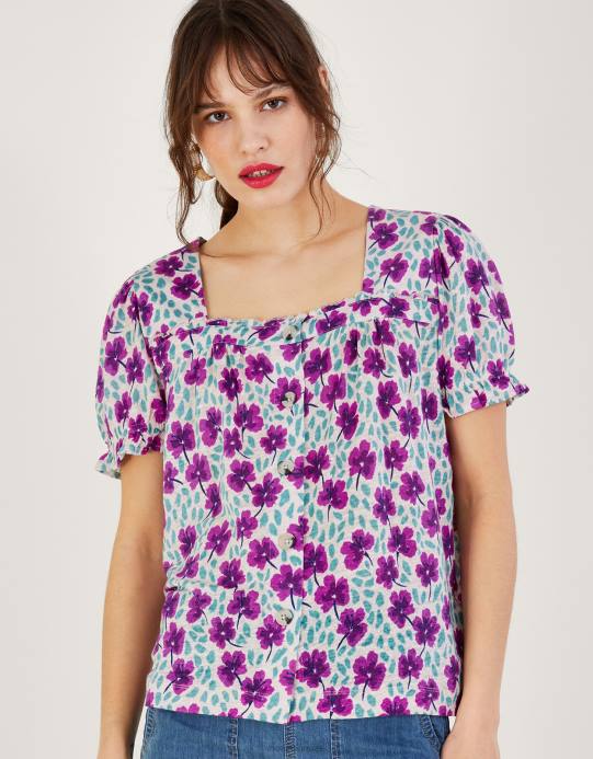 Monsoon نحيف بلوزة من الكتان بأكمام قصيرة ورقبة مربعة D68H500 ملابس أبيض