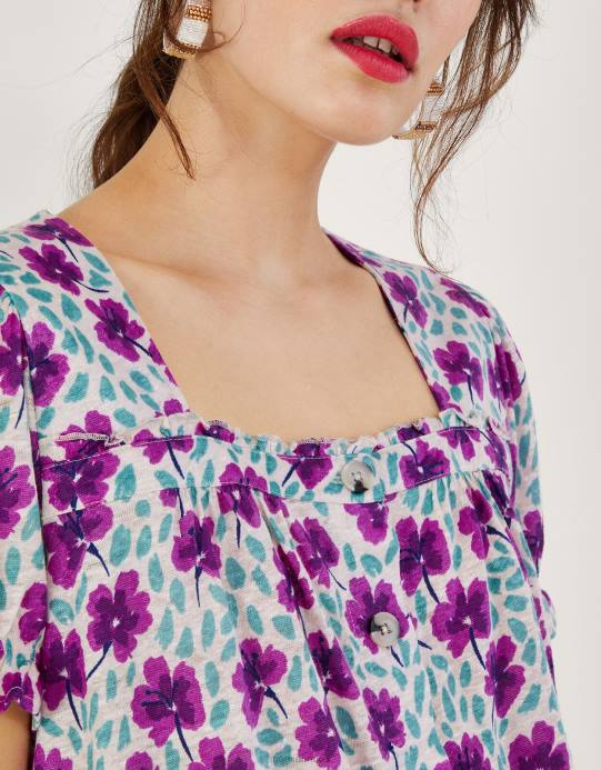 Monsoon نحيف بلوزة من الكتان بأكمام قصيرة ورقبة مربعة D68H500 ملابس أبيض