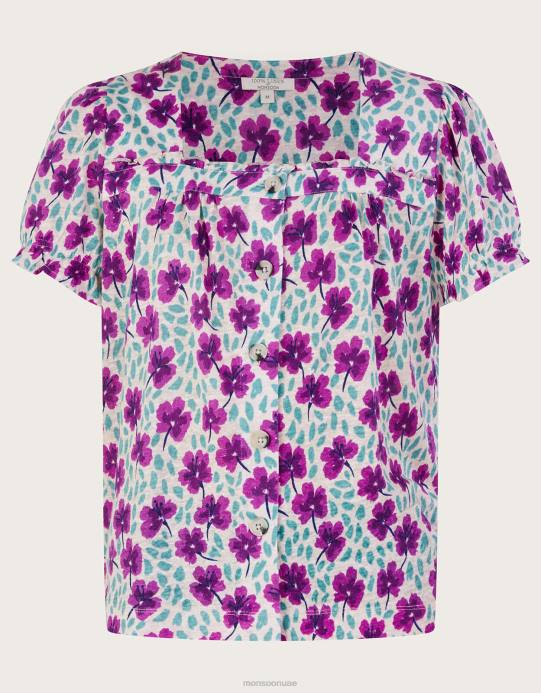 Monsoon نحيف بلوزة من الكتان بأكمام قصيرة ورقبة مربعة D68H500 ملابس أبيض