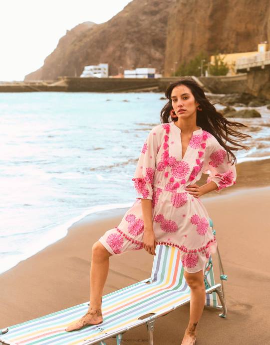 Monsoon نحيف فستان قفطان مزين بشرابة وطبعة ميدالية D68H506 ملابس أبيض