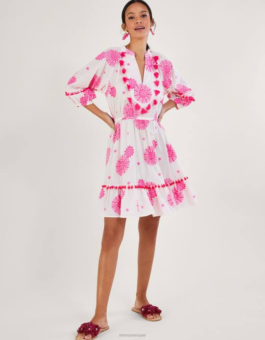 Monsoon نحيف فستان قفطان مزين بشرابة وطبعة ميدالية D68H506 ملابس أبيض