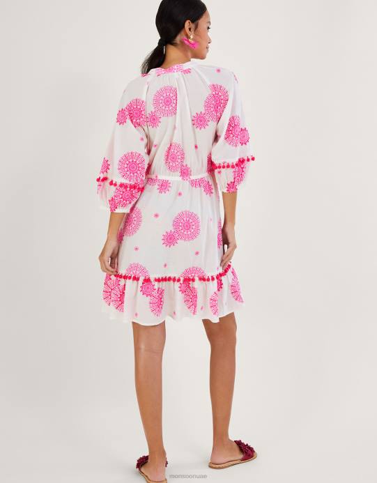 Monsoon نحيف فستان قفطان مزين بشرابة وطبعة ميدالية D68H506 ملابس أبيض