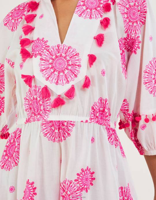 Monsoon نحيف فستان قفطان مزين بشرابة وطبعة ميدالية D68H506 ملابس أبيض