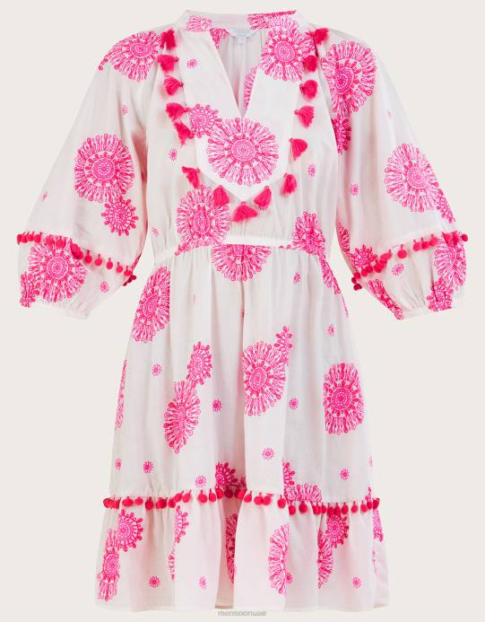 Monsoon نحيف فستان قفطان مزين بشرابة وطبعة ميدالية D68H506 ملابس أبيض