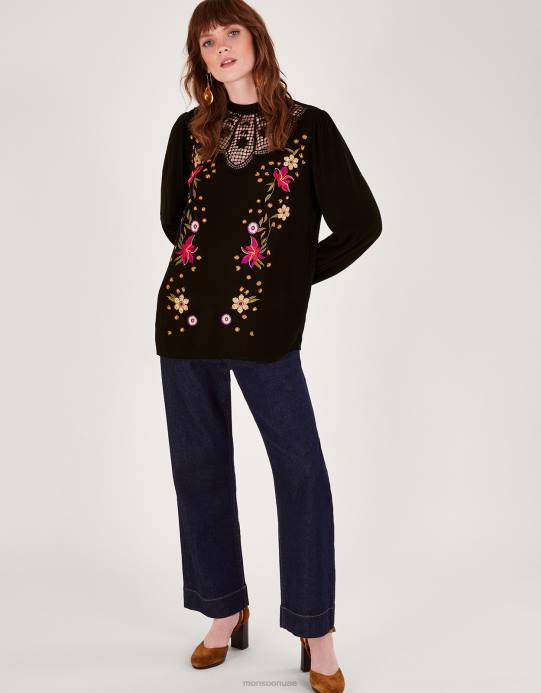 Monsoon نحيف قطع علوية مطرزة بالزهور D68H514 ملابس أسود