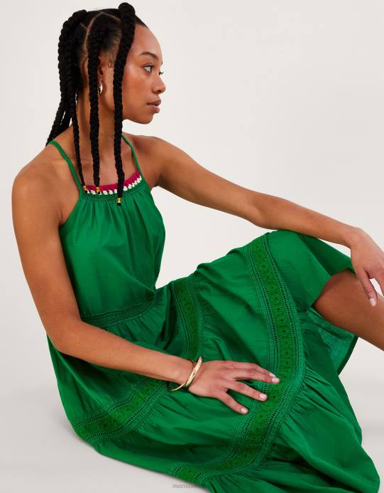 Monsoon نحيف فستان متوسط ​​الطول مزين بتطريزات من الدانتيل، مصنوع من القطن المستدام D68H516 ملابس أخضر