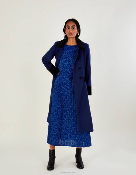 Monsoon نحيف معطف بتنورة مزخرفة بالمخمل D68H519 ملابس أزرق