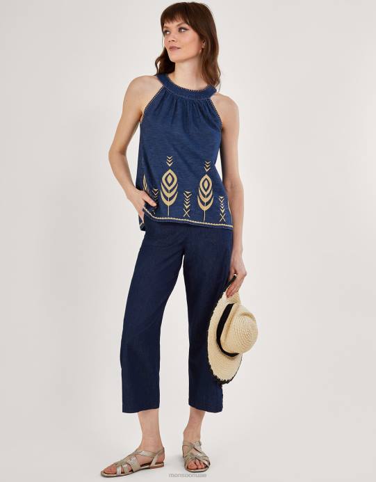 Monsoon نحيف سترة علوية من قماش شامبراي من قماش الدنيم مطرزة بريش الطاووس D68H525 ملابس الأزرق (الدنيم الأزرق)