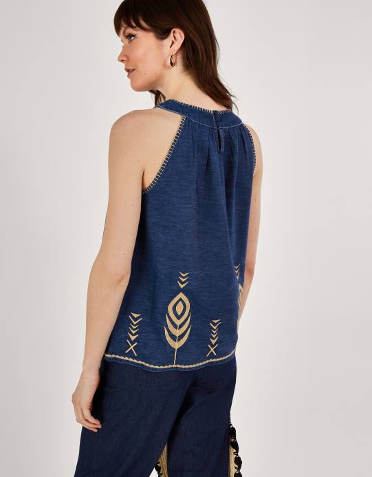 Monsoon نحيف سترة علوية من قماش شامبراي من قماش الدنيم مطرزة بريش الطاووس D68H525 ملابس الأزرق (الدنيم الأزرق)