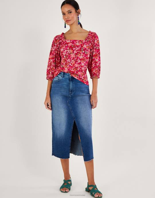 Monsoon نحيف بلوزة بطباعة زهور ديتسي من مزيج الكتان D68H528 ملابس أحمر