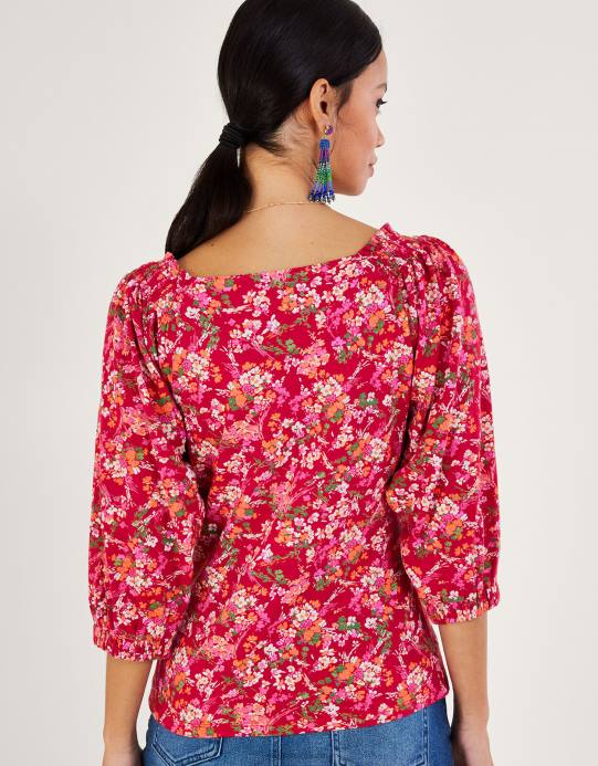Monsoon نحيف بلوزة بطباعة زهور ديتسي من مزيج الكتان D68H528 ملابس أحمر