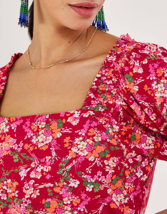 Monsoon نحيف بلوزة بطباعة زهور ديتسي من مزيج الكتان D68H528 ملابس أحمر