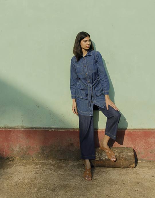 Monsoon نحيف شيرلي فستان قميص الدنيم D68H534 ملابس الأزرق (الدنيم الأزرق)