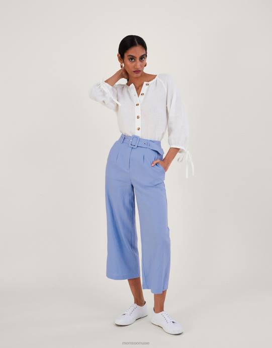 Monsoon نحيف زر الكفة التعادل من خلال بلوزة الكتان D68H535 ملابس أبيض