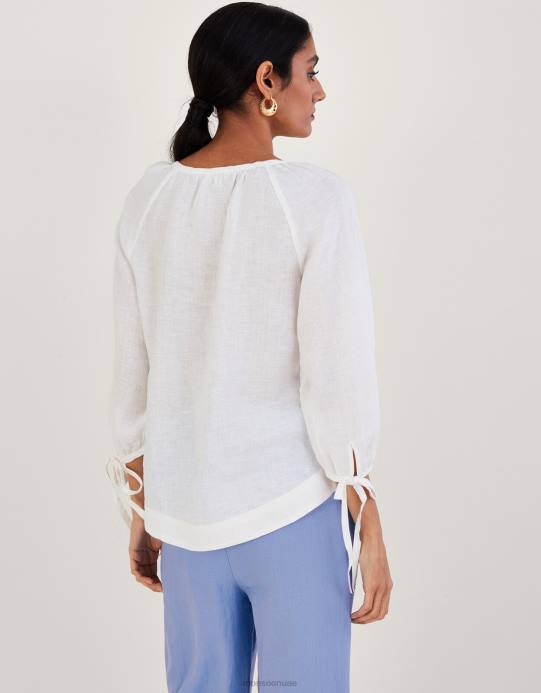 Monsoon نحيف زر الكفة التعادل من خلال بلوزة الكتان D68H535 ملابس أبيض