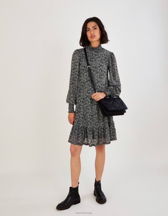 Monsoon نحيف فستان جيرسيه بيزلي برقبة عالية D68H538 ملابس أسود