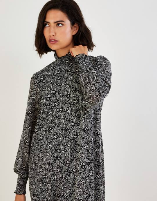 Monsoon نحيف فستان جيرسيه بيزلي برقبة عالية D68H538 ملابس أسود