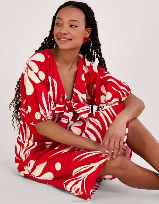 Monsoon نحيف فستان ميدي بطبعة نخيل تجريدية وربطة أمامية D68H53 ملابس أحمر