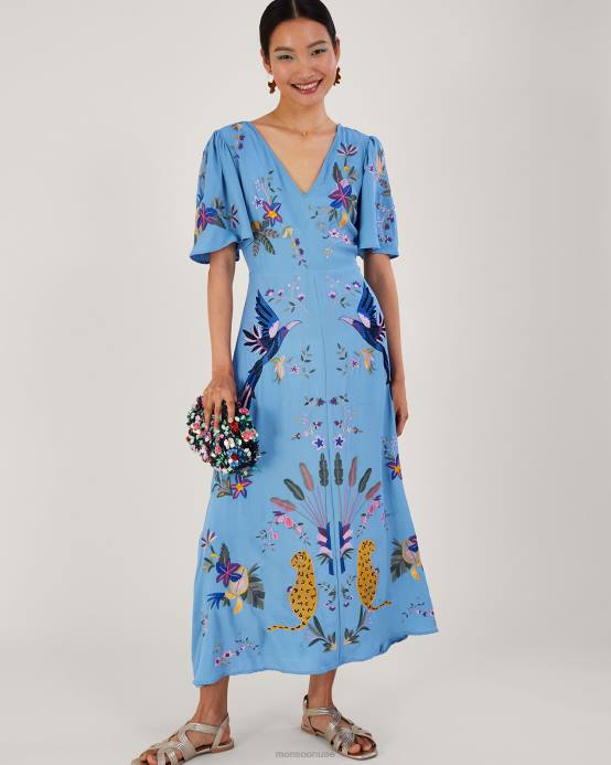 Monsoon نحيف فستان شاي مطرز من أودرا من البوليستر المعاد تدويره D68H540 ملابس أزرق