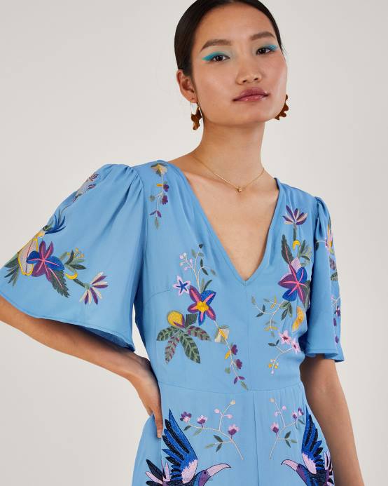 Monsoon نحيف فستان شاي مطرز من أودرا من البوليستر المعاد تدويره D68H540 ملابس أزرق