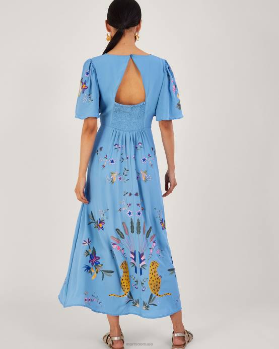 Monsoon نحيف فستان شاي مطرز من أودرا من البوليستر المعاد تدويره D68H540 ملابس أزرق