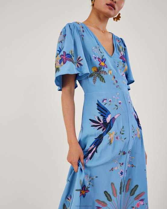 Monsoon نحيف فستان شاي مطرز من أودرا من البوليستر المعاد تدويره D68H540 ملابس أزرق