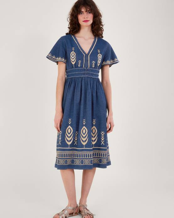 Monsoon نحيف فستان ريش الطاووس D68H541 ملابس الأزرق (الدنيم الأزرق)