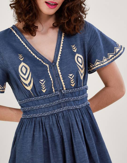 Monsoon نحيف فستان ريش الطاووس D68H541 ملابس الأزرق (الدنيم الأزرق)