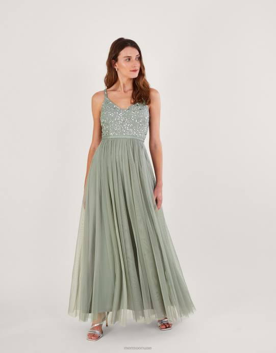 Monsoon نحيف فستان خريفي طويل مزين بالبوليستر المُعاد تدويره D68H542 ملابس أخضر