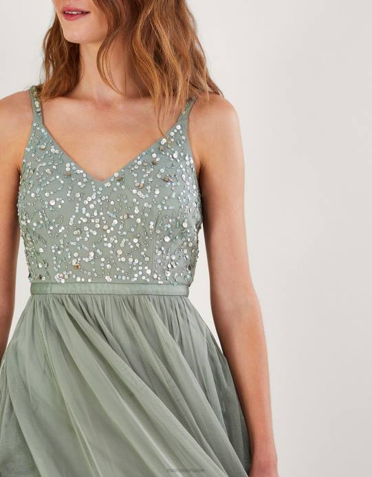 Monsoon نحيف فستان خريفي طويل مزين بالبوليستر المُعاد تدويره D68H542 ملابس أخضر