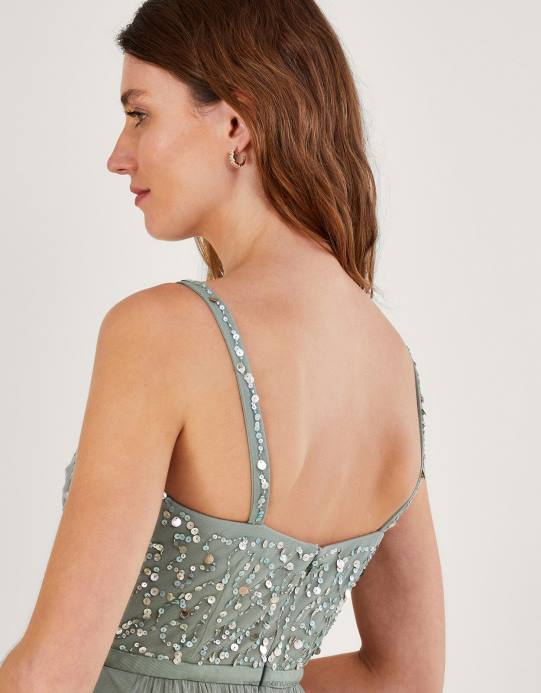 Monsoon نحيف فستان خريفي طويل مزين بالبوليستر المُعاد تدويره D68H542 ملابس أخضر