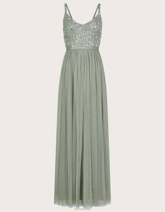 Monsoon نحيف فستان خريفي طويل مزين بالبوليستر المُعاد تدويره D68H542 ملابس أخضر