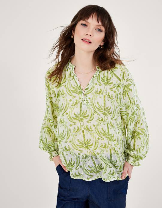 Monsoon نحيف بلوزة بطبعة نخيل معدنية من تصميم أوريانا D68H545 ملابس عاج